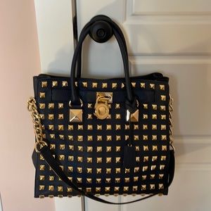Michael Kors large leather navy blue satchel purse with gold studs